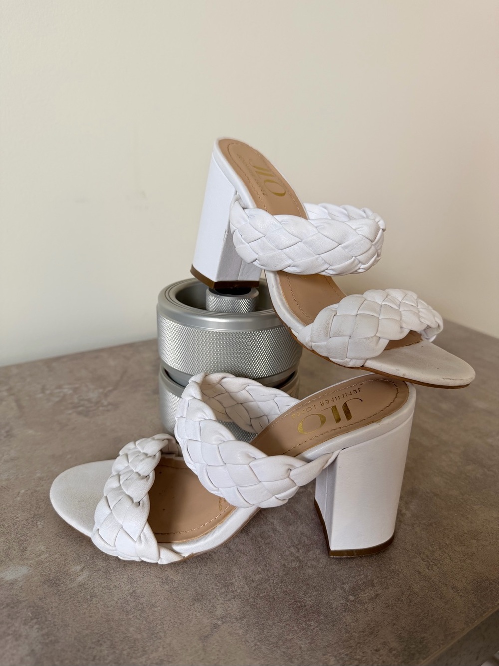 Jennifer Lopez White Braided Double-Strap Block Heels